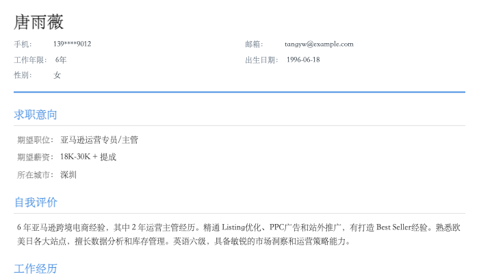 亚马逊运营专员简历示例