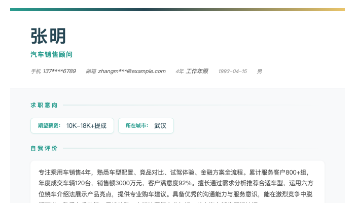 汽车销售顾问简历示例