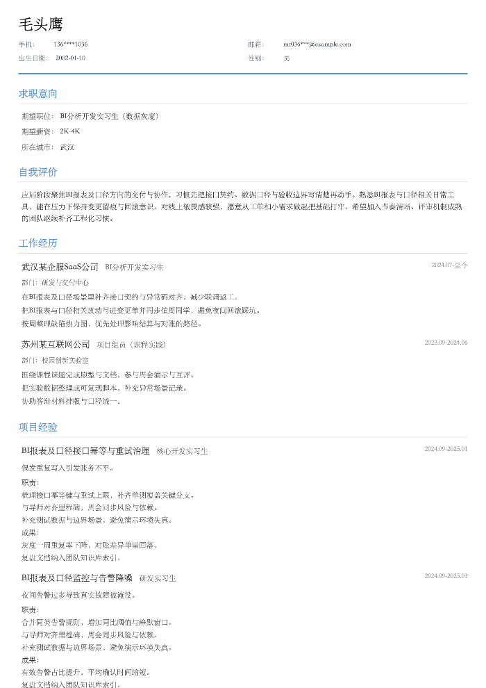 BI分析开发实习生(数据灰度)