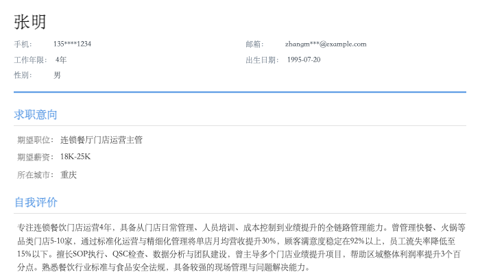 连锁餐厅门店运营主管简历示例