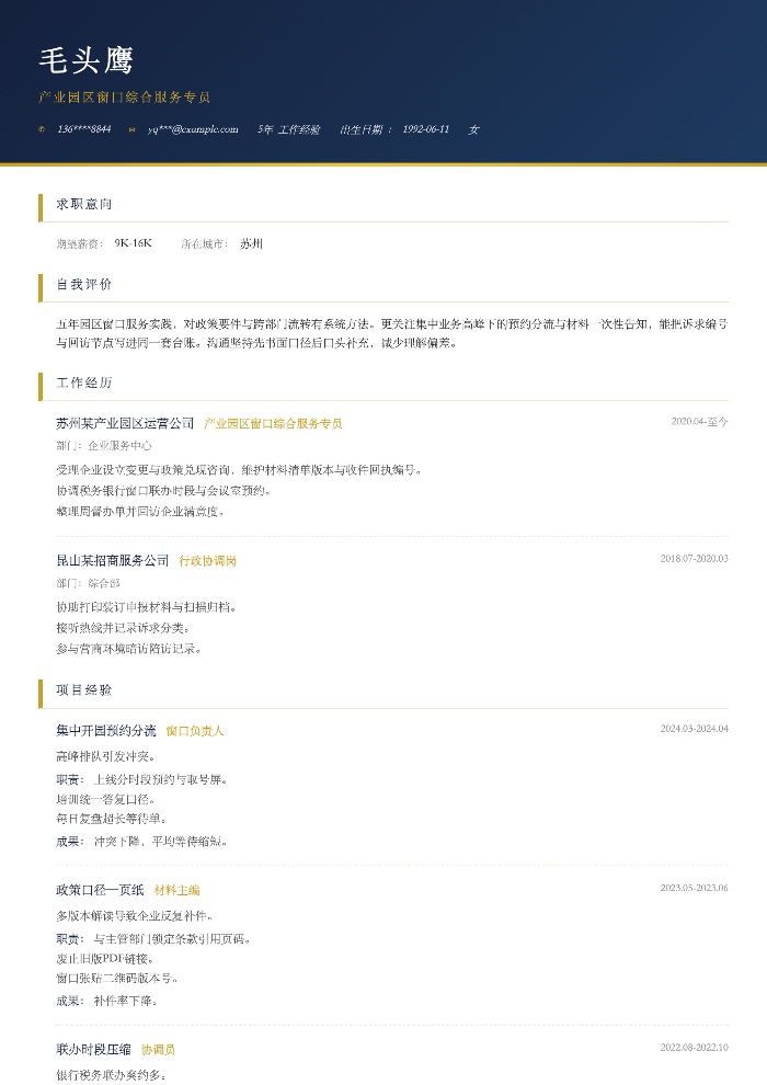 产业园区窗口综合服务专员