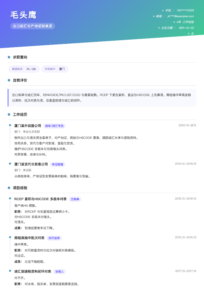 出口结汇与产地证制单员