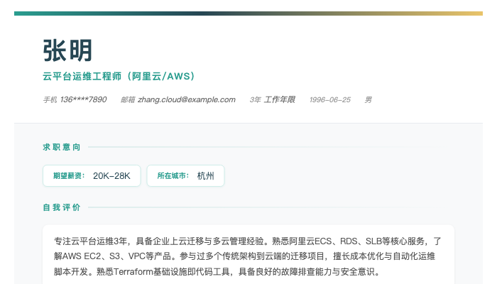 云平台运维工程师（阿里云/AWS）简历示例