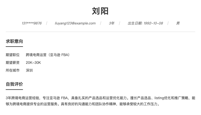 跨境电商运营（亚马逊 FBA）简历示例