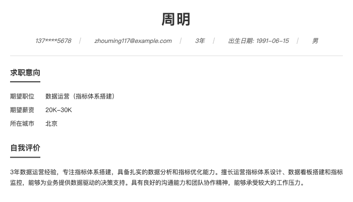 数据运营（指标体系搭建）简历示例