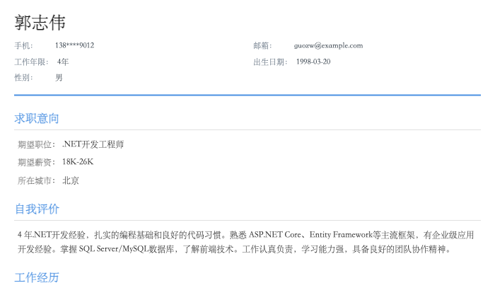 .NET开发工程师简历示例