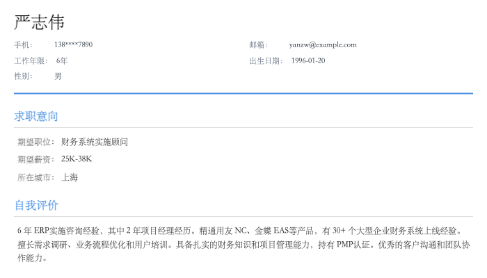 财务系统实施顾问简历示例