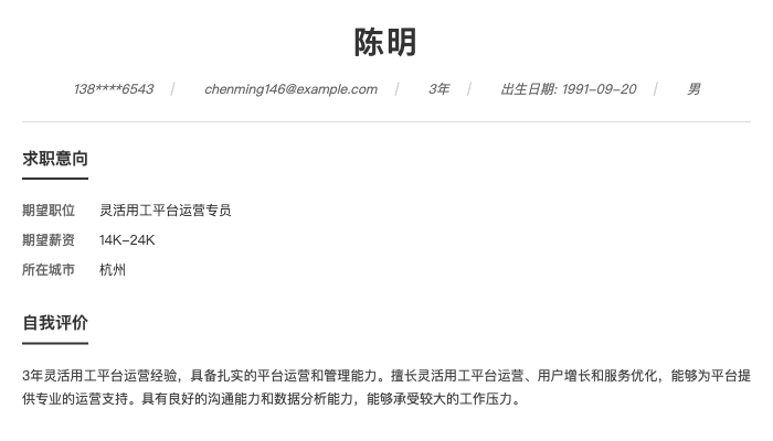灵活用工平台运营专员简历示例