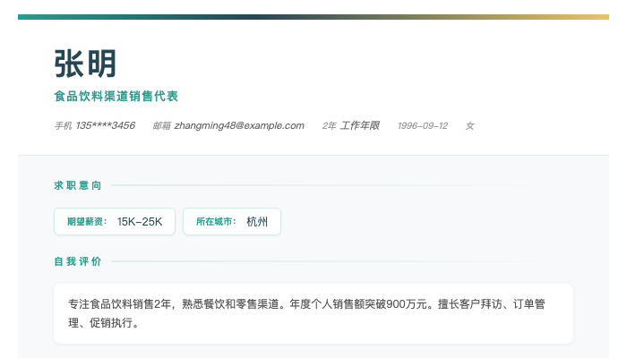 食品饮料渠道销售代表简历示例