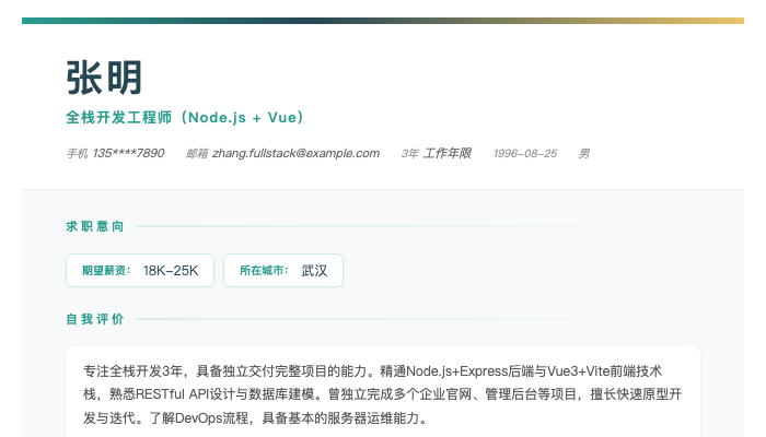 全栈开发工程师（Node.js + Vue）简历示例