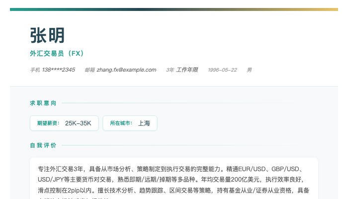 外汇交易员（FX）简历示例