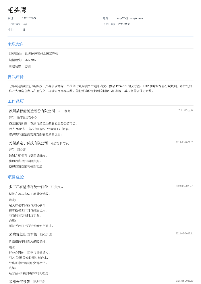 供应链经营成本BI工程师