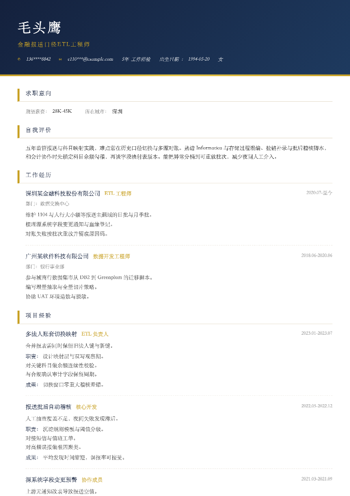 金融报送口径ETL工程师