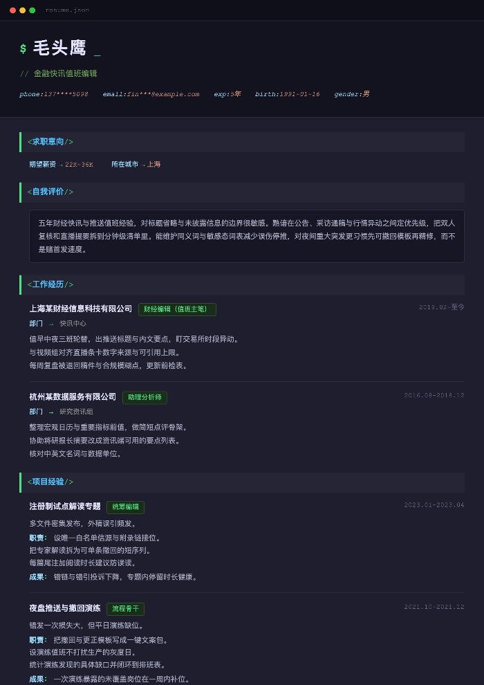 金融快讯值班编辑