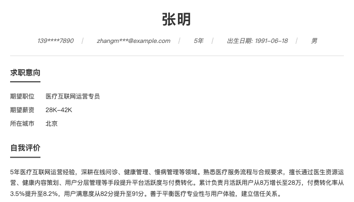 医疗互联网运营专员简历示例