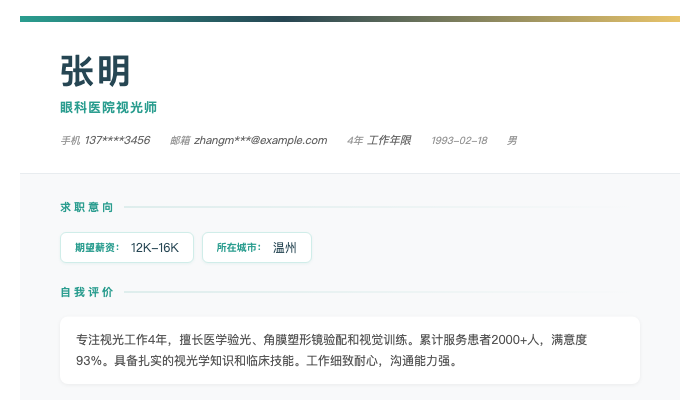 眼科医院视光师简历示例