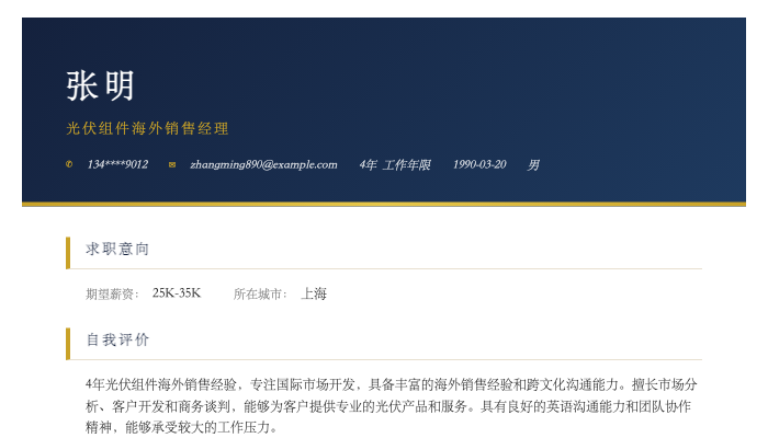 光伏组件海外销售经理简历示例