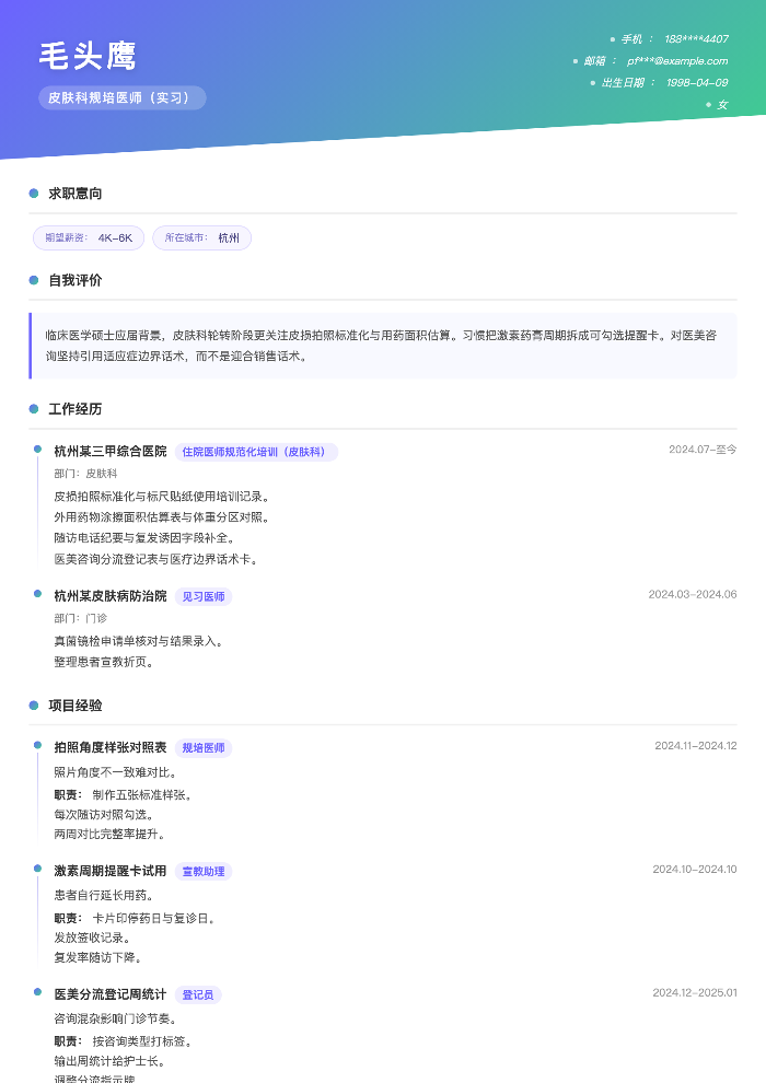 皮肤科规培医师(实习)