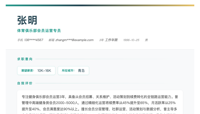 体育俱乐部会员运营专员简历示例