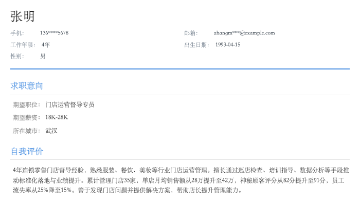 门店运营督导专员简历示例