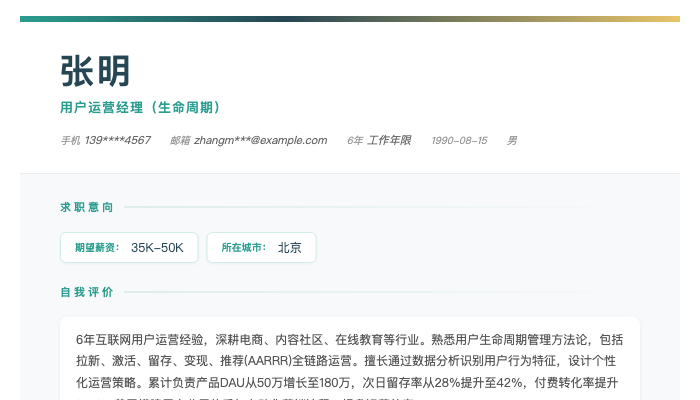 用户运营经理（生命周期）简历示例