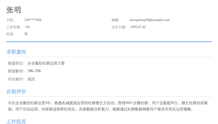 企业微信社群运营主管简历示例