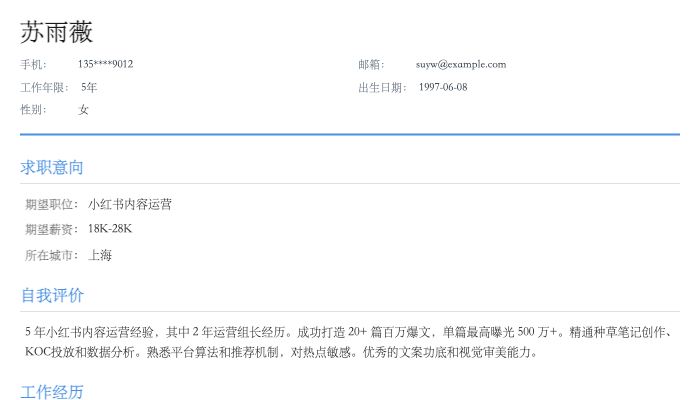 小红书内容运营简历示例