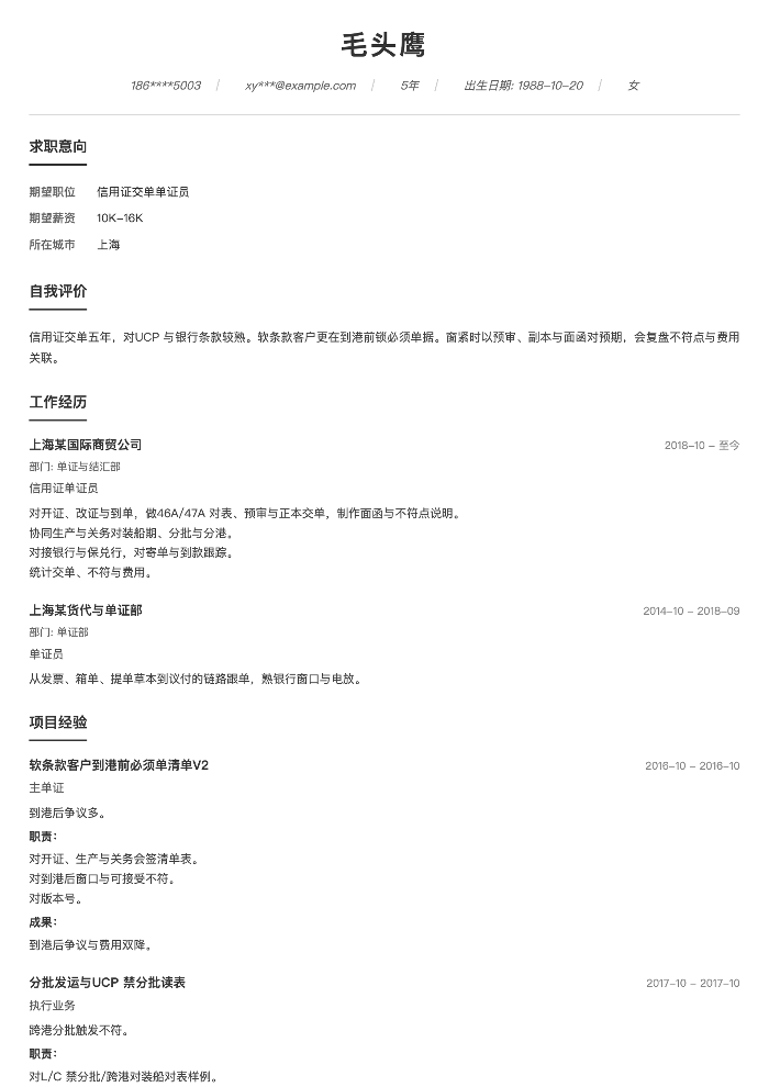 信用证交单单证员