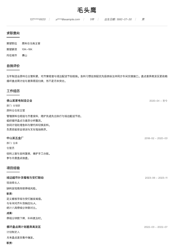 原料仓仓库主管